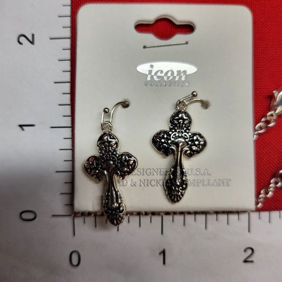 Icon Collection Silver Tone Cross Necklace & Earrings Set - Picture 9 of 12